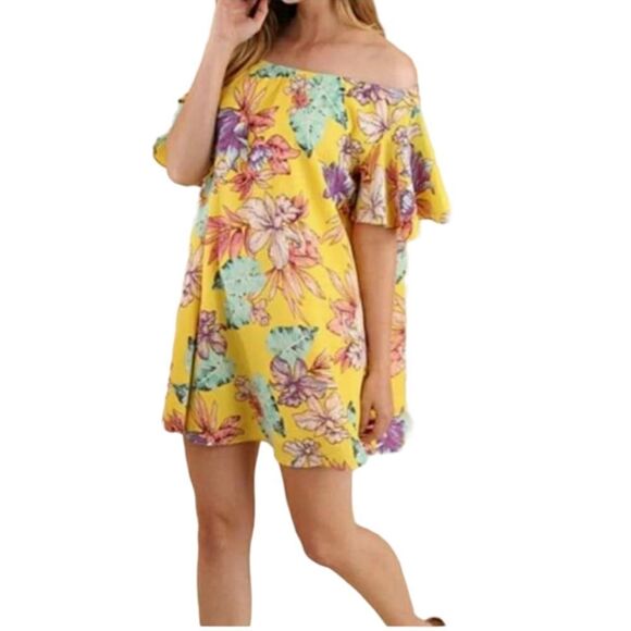 Umgee Off Shoulder Dress Short Sleeve Tropical Print Size Large - Picture 1 of 7